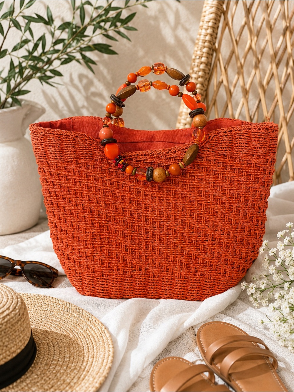 Stylish Cappelli Orange Woven Beaded-Handle Tote Bag